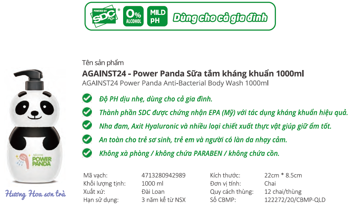 Sữa tắm DƯỠNG ẨM gia đình Power Panda 1000ml KHÁNG KHUẨN (DÙNG ĐƯỢC CHO TRẺ SƠ SINH)