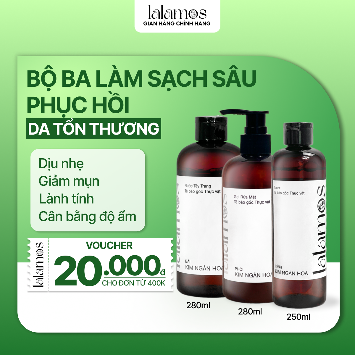 Combo sạch sâu Lalamos Nước tẩy trang 280ml + Sữa rửa mặt 280ml + Toner Kim Ngân Hoa 250ml