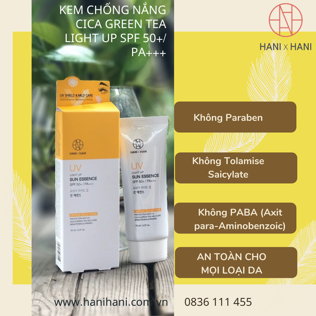 Kem Chống Nắng Vật Lý Dưỡng Da làm sáng và săn chắc da Cica Green Tea Light Up SPF 50+/ PA+++  an toàn với mọi loại da, không vón cục, không bết dính, không bóng dầu dùng được cho da nhạy cảm, da mụn và da trị liệu Hani x Hani 70ml