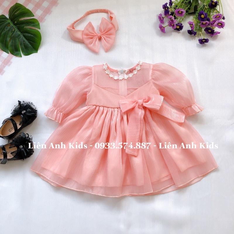 Váy Tơ Cam Bé Gái 4-28kg, Đầm Bé Gái Chất Tơ Ánh Nhũ Xinh Xắn