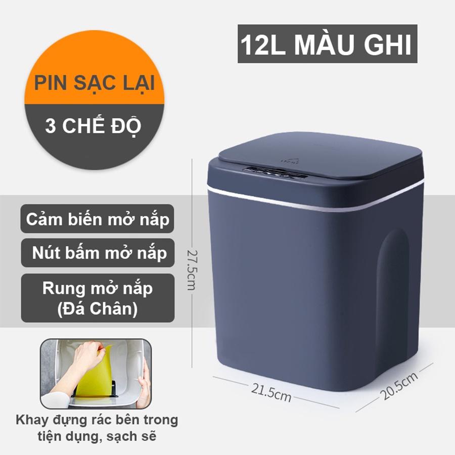 Thùng rác thông minh tự động mở lắp kèm đèn diệt khuẩn có khay giữ túi rác tiện dụng mẫu 2021