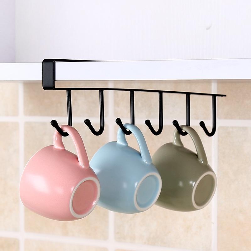 Giá 6 móc treo đồ đa năng tiện lợi gắn cài kẹp dưới tủ bếp tủ quần áo, kệ bàn để cốc ly, dụng cụ nấu ăn