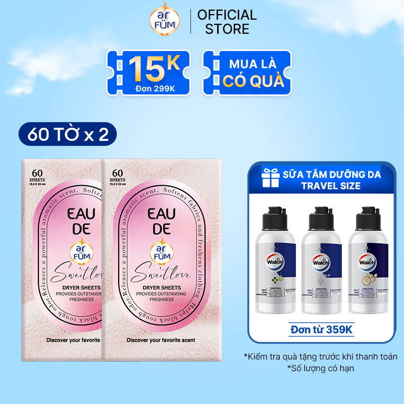 Combo 2 Giấy Thơm Arfum Dùng Cho Máy Sấy Làm Mềm Vải Và Chống Tĩnh Điện , Khử Mùi Tủ Giày, Tủ Quần Áo (60 Tờ/ Hộp)