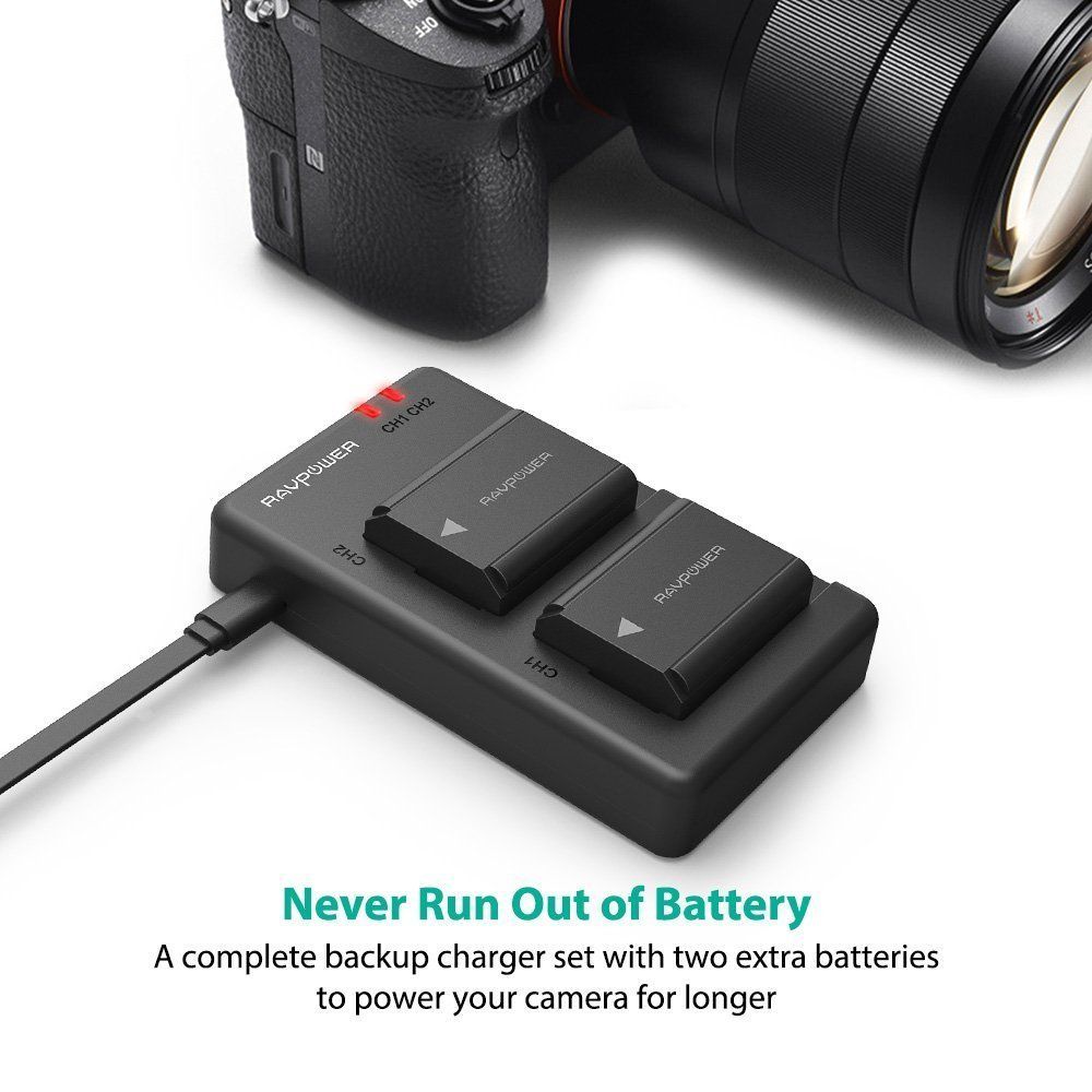 Bộ 2 Pin Và Sạc Kép RAVPower Cho Sony FW50 A6000 A6300 A6400 A6500 A6600 A7II A7SII A7RII A7 Nex - Hàng Nhập Khẩu