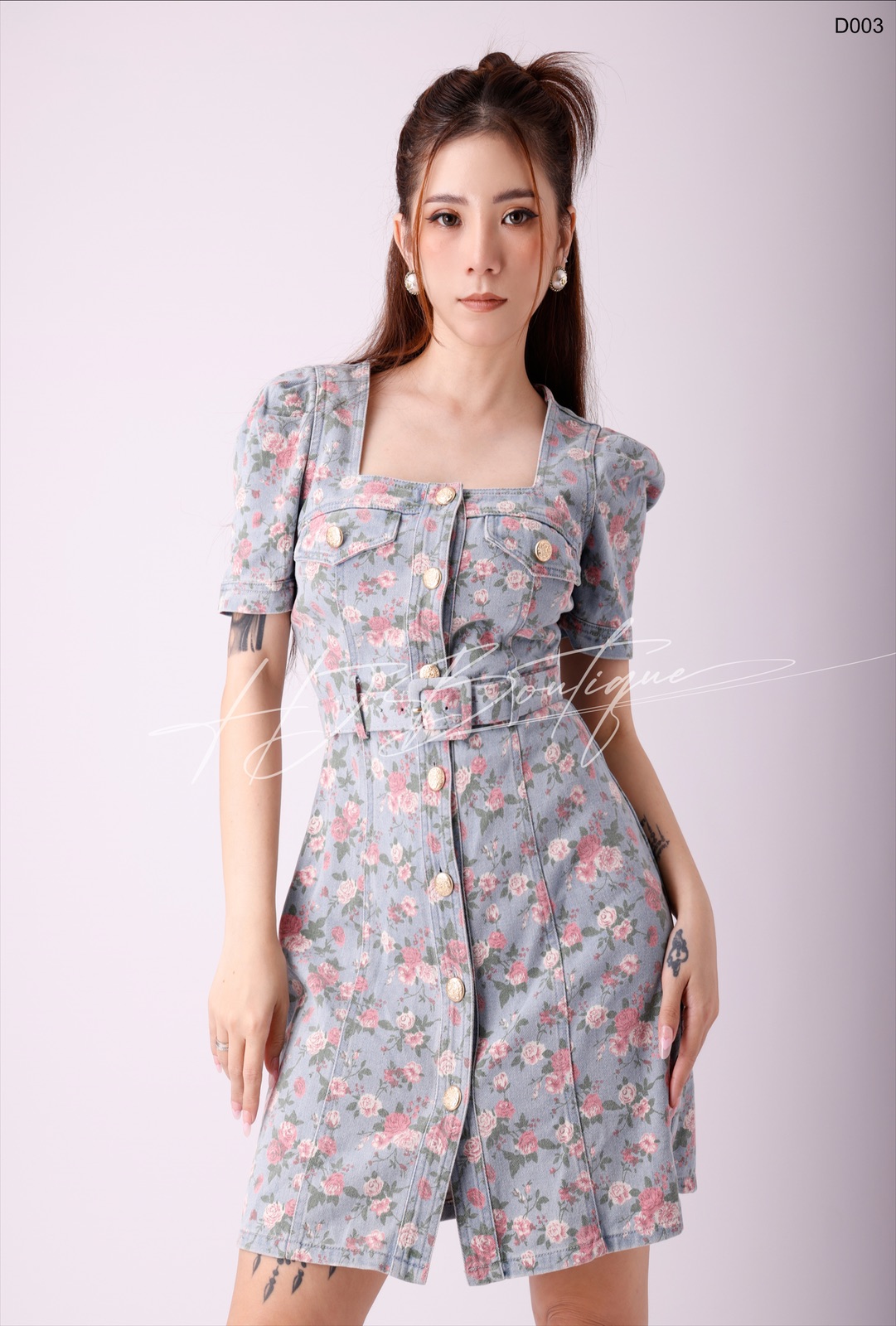 Đầm Jean Cổ Vuông Tay Phồng Kèm Belt - D03