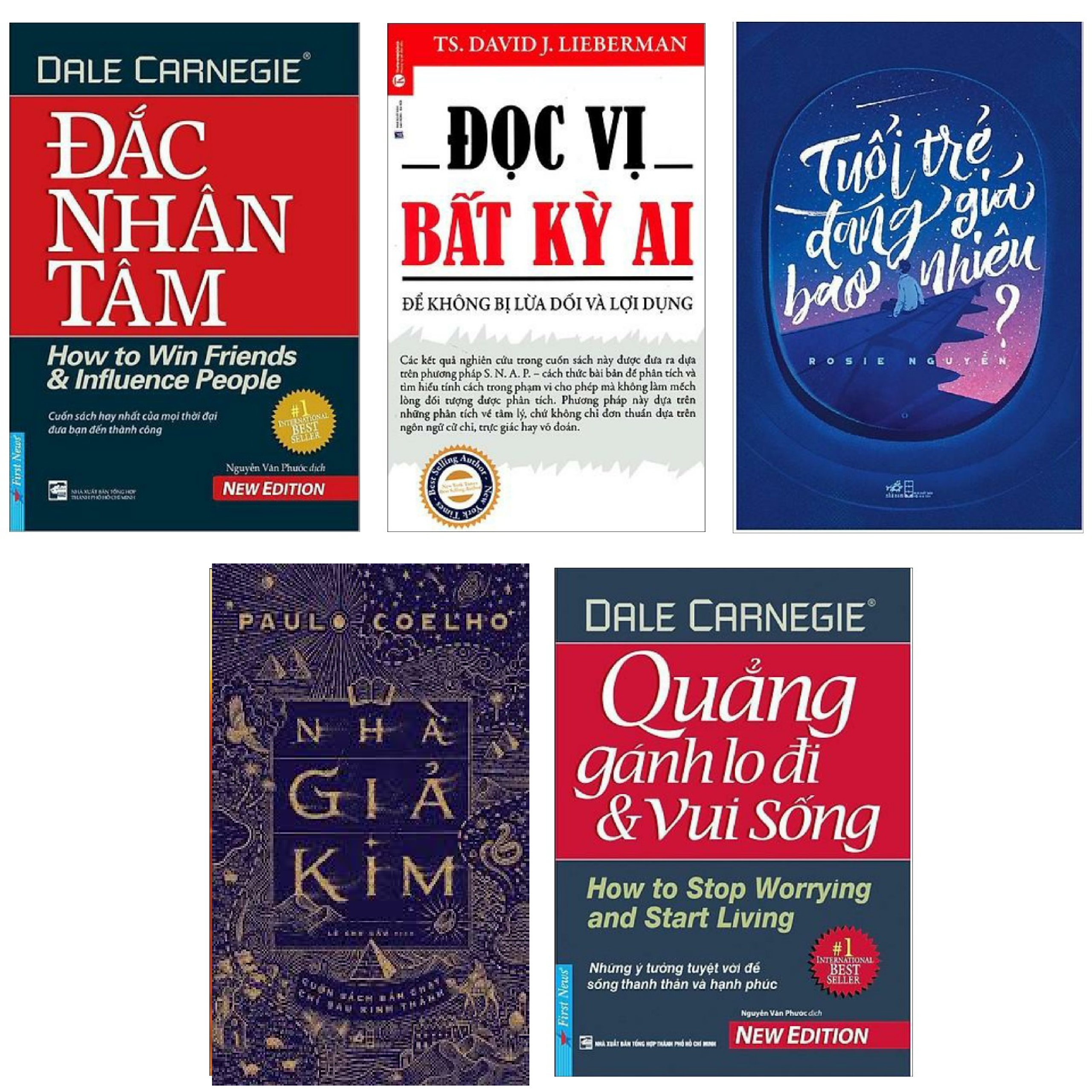 Combo Sách Kỹ Năng Đắc Nhân Tâm  Đọc Vị Bất Kỳ Ai  Quẳng Gánh Lo Đi Và Vui Sống  Tuổi Trẻ Đáng Giá Bao Nhiêu  Nhà Giả Kim Top 5 Cuốn Sách Kỹ Năng Sống, Tư Duy Và Làm Việc Bán Chạy Nhất Thế Giới - Tặng Kèm Postcard Green Life