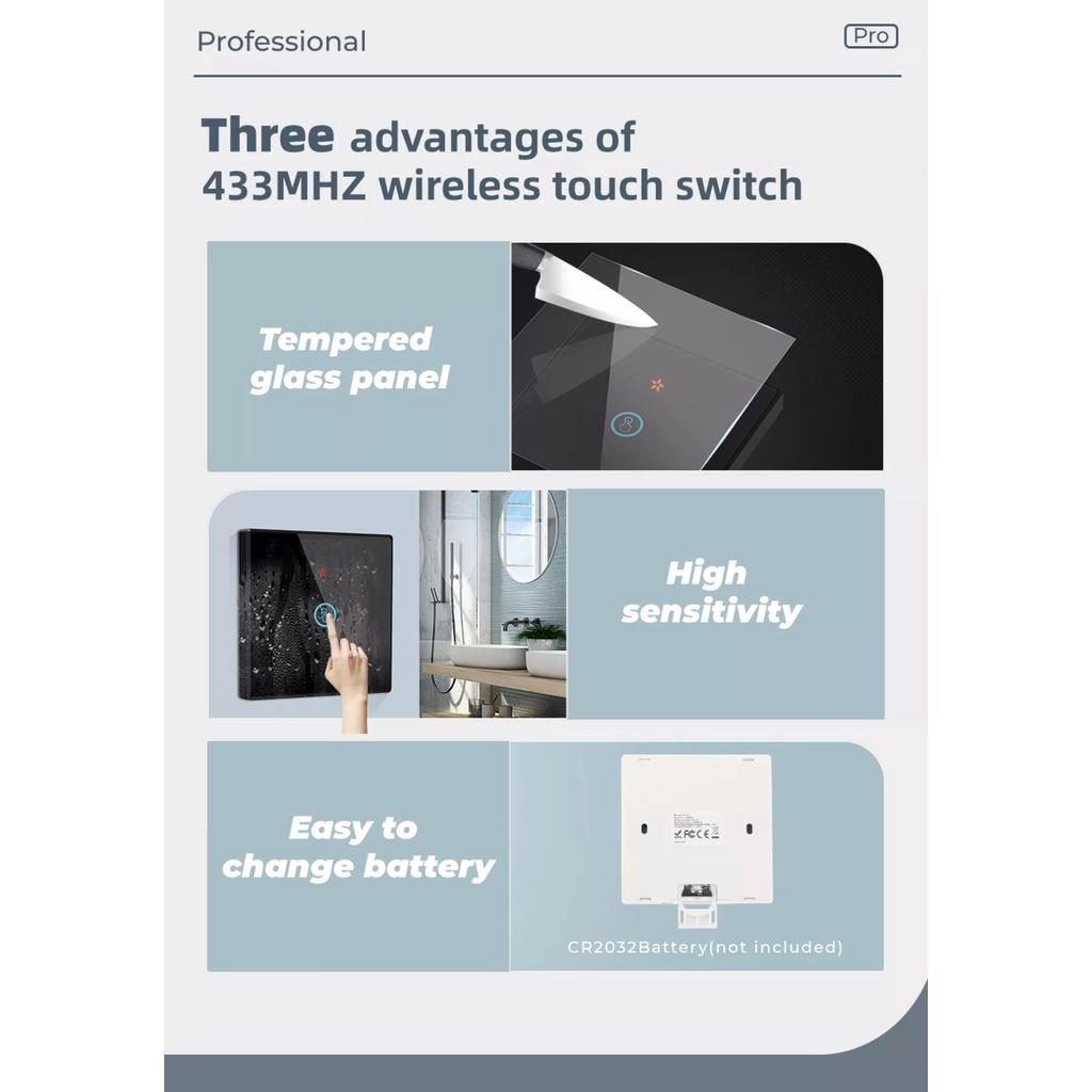 Công Tắc Không Dây Màn Hình Kính Cảm Ứng Có Đèn Báo - Phát Sóng Điều Khiển Đèn Từ Xa RF433MHz - Loại 3 Nút Nhấn, Màu Đen