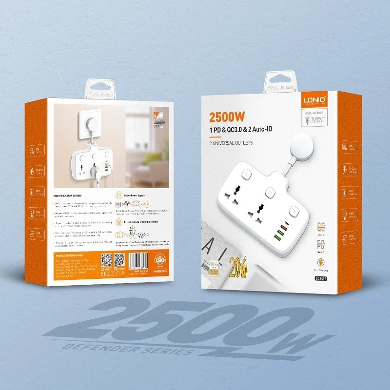 Ổ cắm điện đa năng 6 in 1 hỗ trợ sạc nhanh PD 20w ra 2 ổ cắm điện, 1 PD Type C 20W và 3 USB A QC 3.0 18W hiệu LDNIO SC2413 - hàng nhập khẩu
