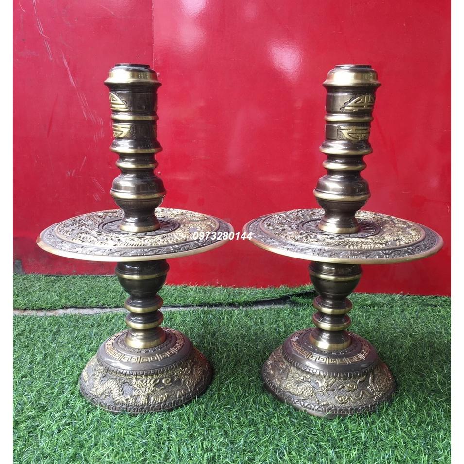 Cặp chân nến bằng đồng màu giả cổ hoạ tiết tứ linh cao 41cm
