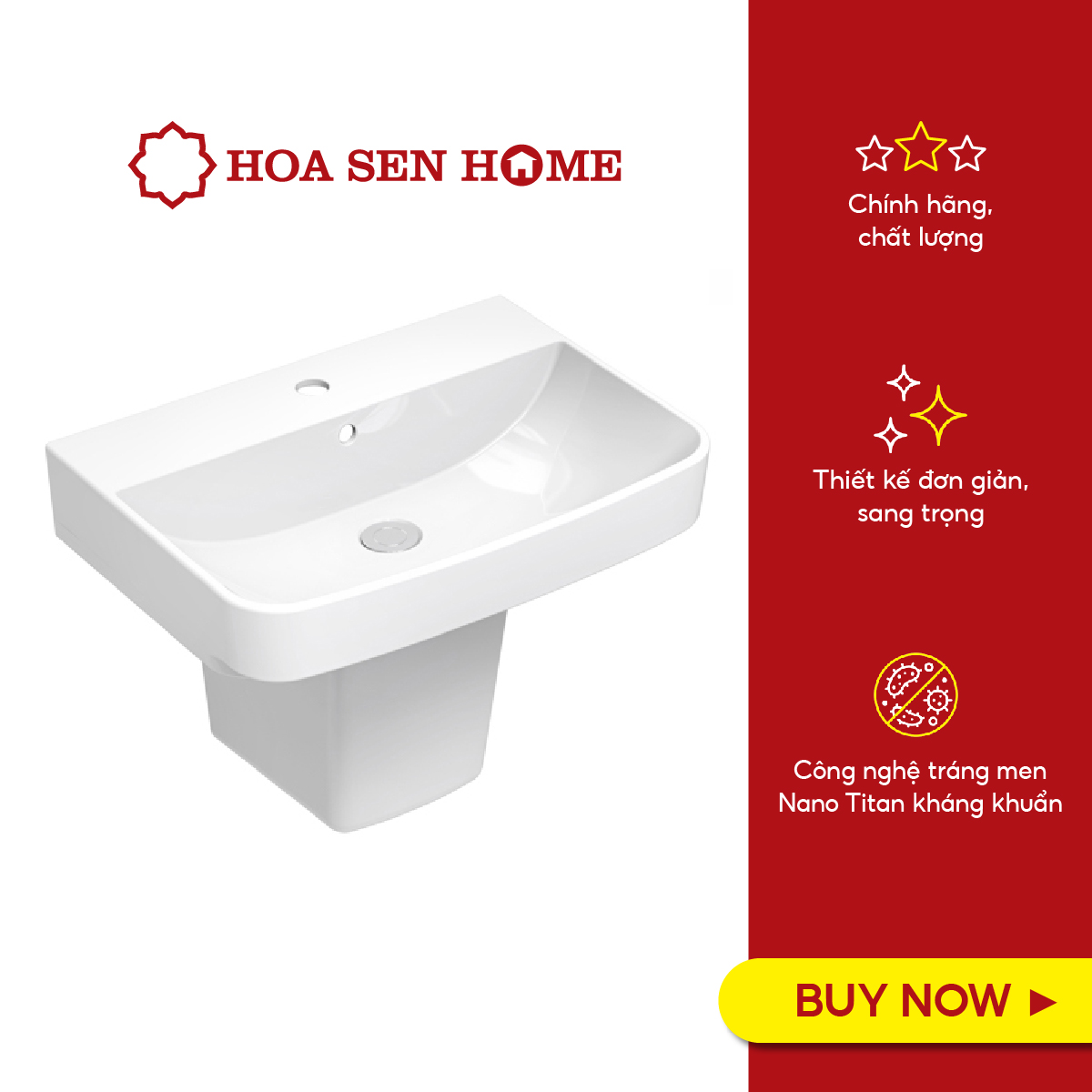Bộ lavabo treo tường chân ngắn Viglacera V58(CD58) gốm sứ ceramic, có lỗ xả tràn, thiết kế sang trọng tiết kiệm không gian tối đa - Hoa Sen Home - Hàng chính hãng