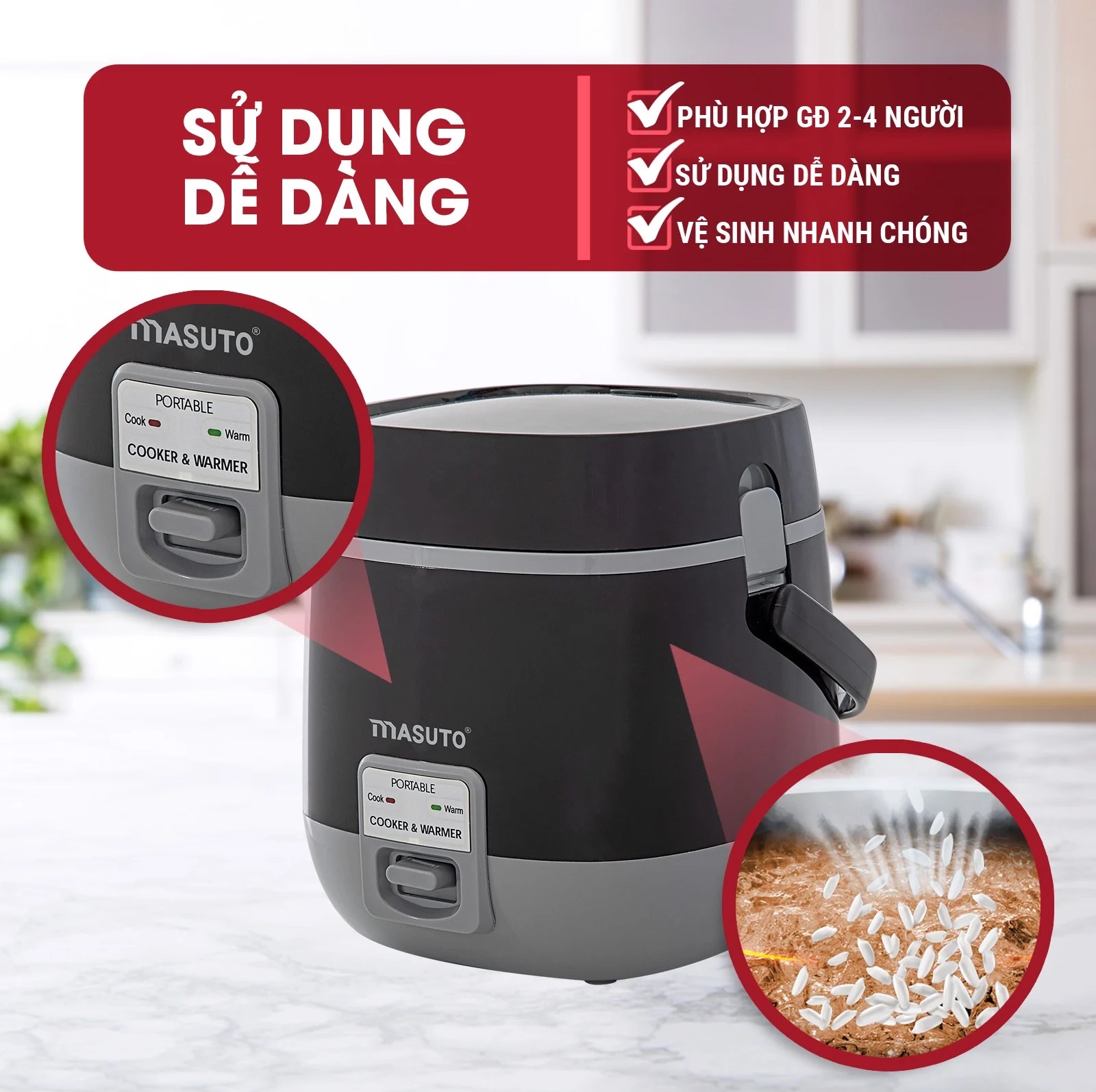 Nồi cơm điện mini Sothing Masuto MS- compact12 lòng niêu 1.2L có thể nấu 2-3 người ăn- Hàng chính hãng