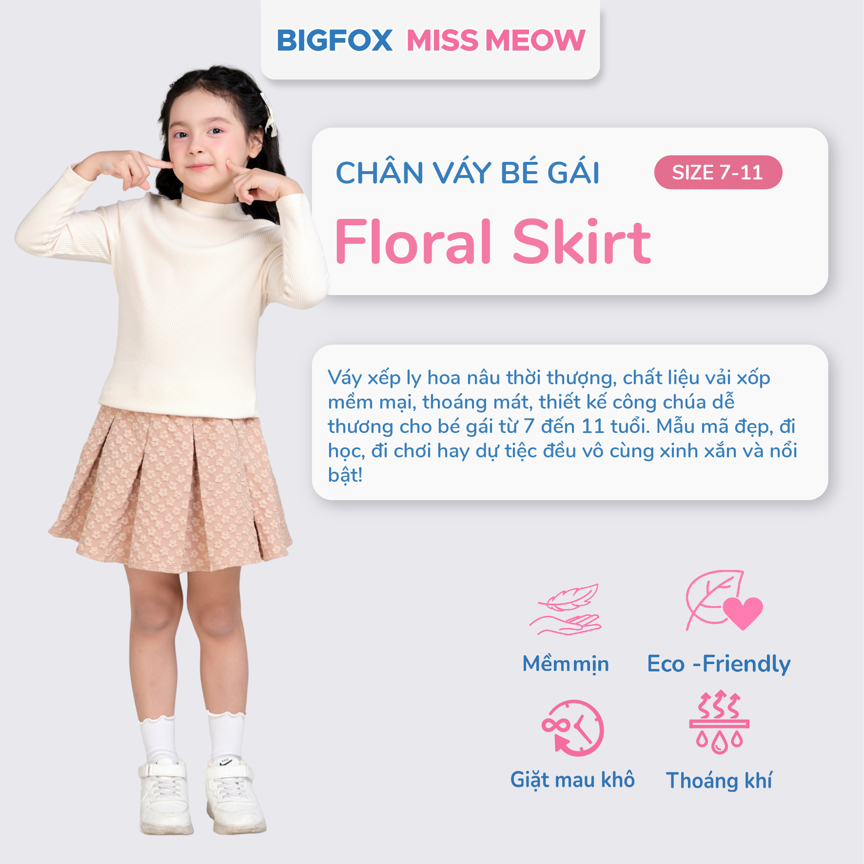 Chân váy bé gái xếp ly Bigfox Miss Meow size đại có quần bảo hộ cho trẻ em 7-11 tuổi 25-35kg