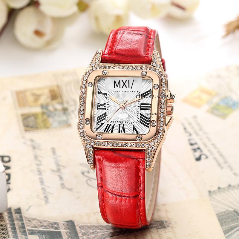 Giao hàng nhanh Bể vuông Kajia đầy kim cương sê-ri đôi hàng kim cương Đồng hồ nữ của Anh Đồng hồ đeo tay nữ dây nổ trực tiếp màu đỏ Douyin
