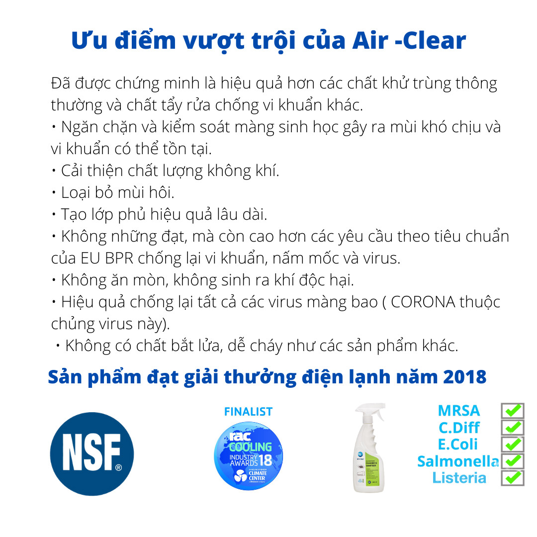 Chai xịt diệt khuẩn, nấm mốc máy lạnh điều hoà Air-Clear, 500ml , an toàn NSF