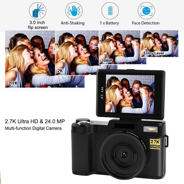 Máy ảnh kĩ thuật số mini tích hợp máy quay phim Aturos ES-CDRW Vlog 2.7K Ultra HD, Màn hình lật 180 độ, 3 inches, kết nối wifi (tích hợp ống kính góc rộng và macro) - Hàng chính hãng