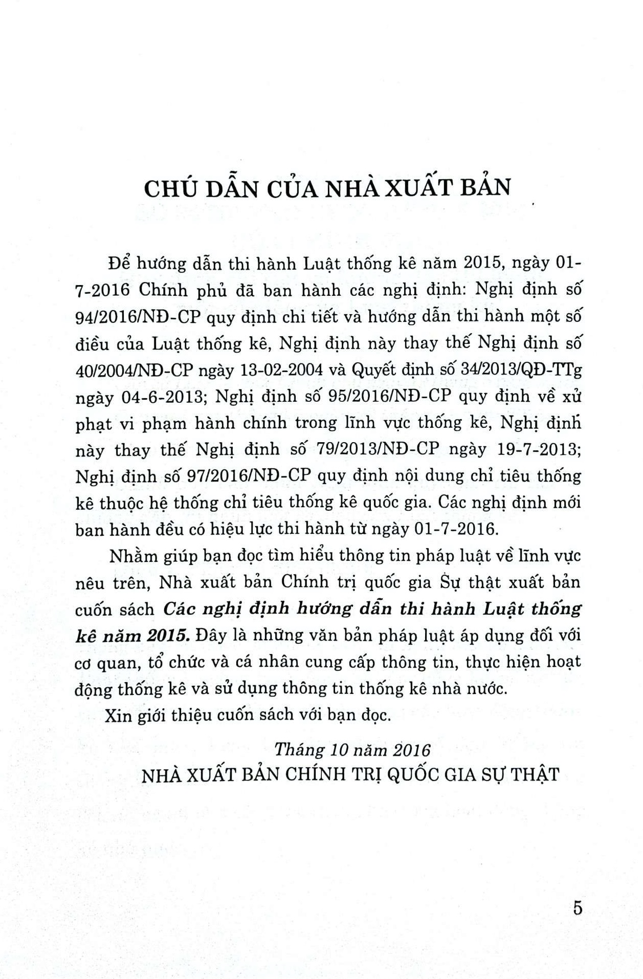 Các nghị định hướng dẫn thi hành Luật thống kê năm 2015