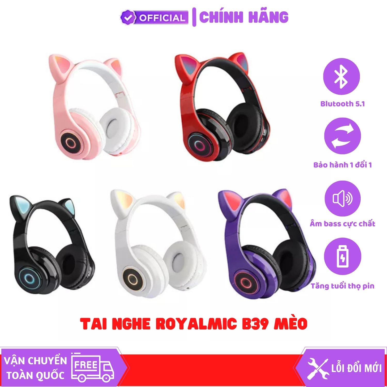 Tai nghe chụp tai Bluetooth ROYALMIC B39 Phiên bản tai mèo siêu cute - Tích hợp đèn LED rực rỡ - Hàng Chính Hãng