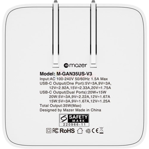 Cốc sạc Mazer GaNPrestige SuperMINI 35W 2Type-C M-GAN35US-V3 - Hàng chính hãng