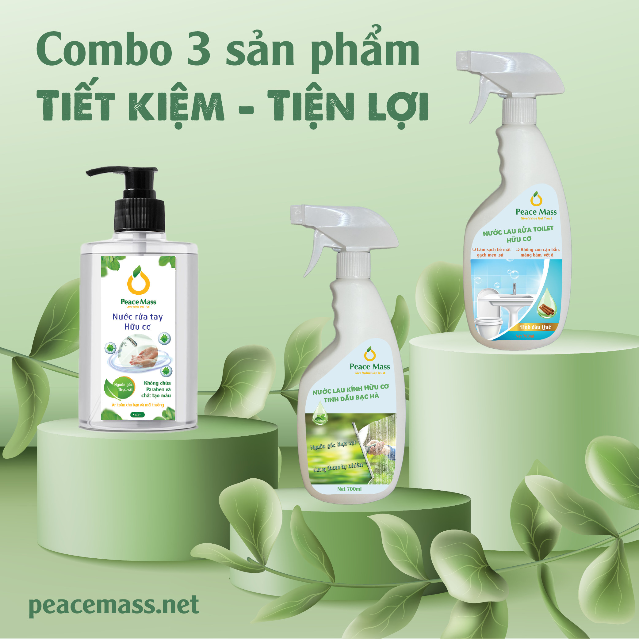 Combo Sản Phẩm Gốc Thực Vật TLC2 Peace Mass Nước Cọ Toilet + Nước Lau Kính 700ml + Nước Rửa Tay 340ml (Thuộc nhóm Sản phẩm Lành tính / Sinh học)