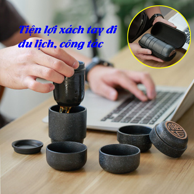 Bộ ấm trà xách tay tiện lợi khi đi du lịch gồm bốn ly, túi xách tay đơn giản kiểu Nhật, ấm trà cầm tay, tách trà