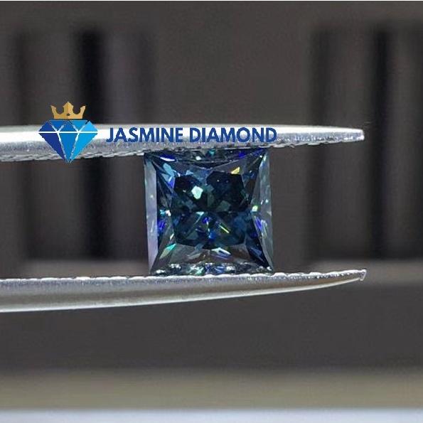 Kim cương nhân tạo Mỹ Moissanite giác cắt Princess màu xanh dương