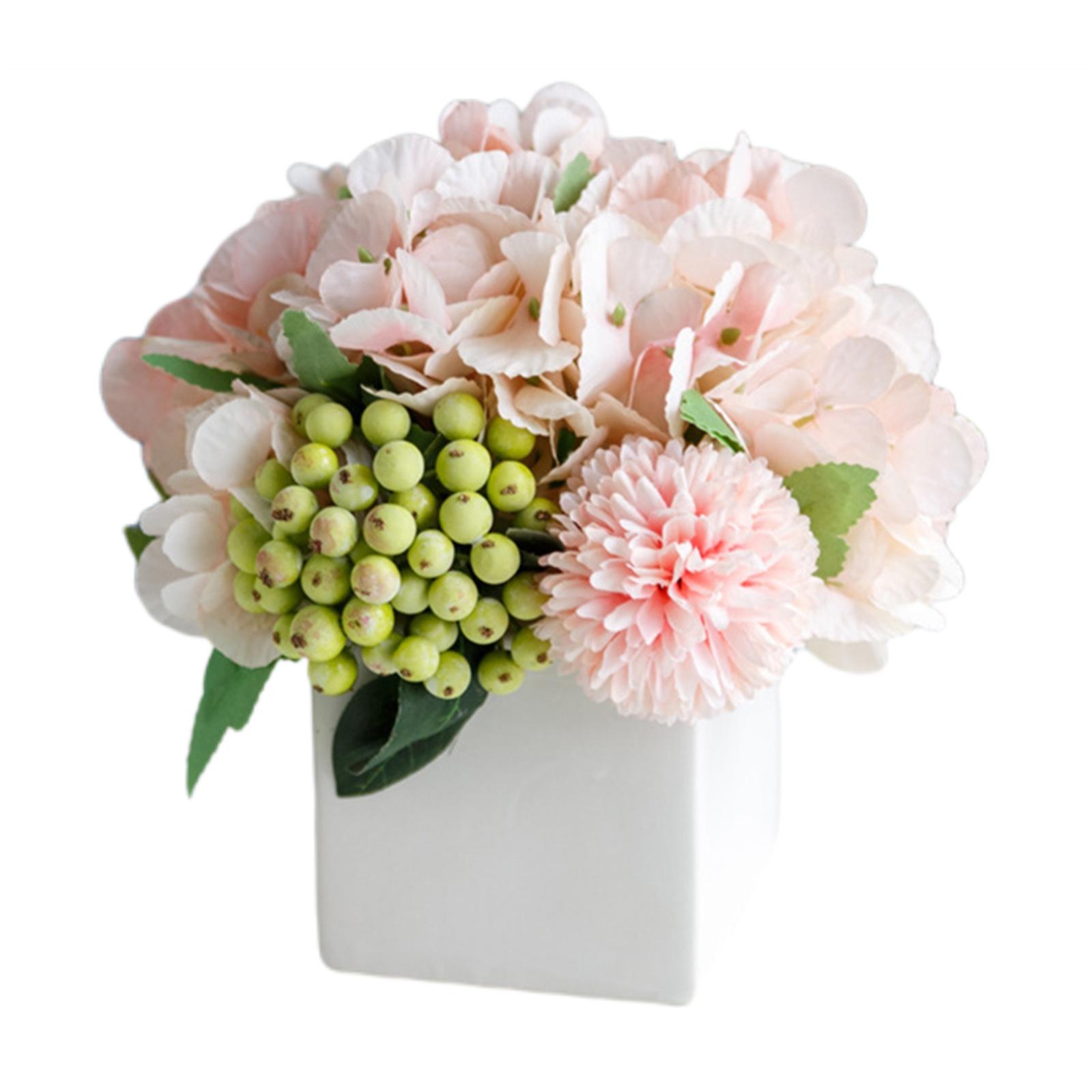 Artificial Silk Flowers in Ceramic Vase, Fake Hydrangea Flower Arrangements for Home Office Wedding Decor Artificial Flowers with Vase Gifts