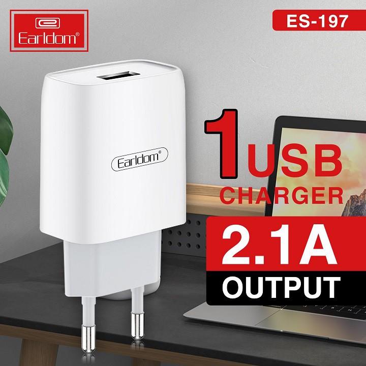 Bộ sạc cáp nhanh Earldom ES197 Chính Hãng 1 ổ cắm USB dành cho Iphone Samsung Ipad