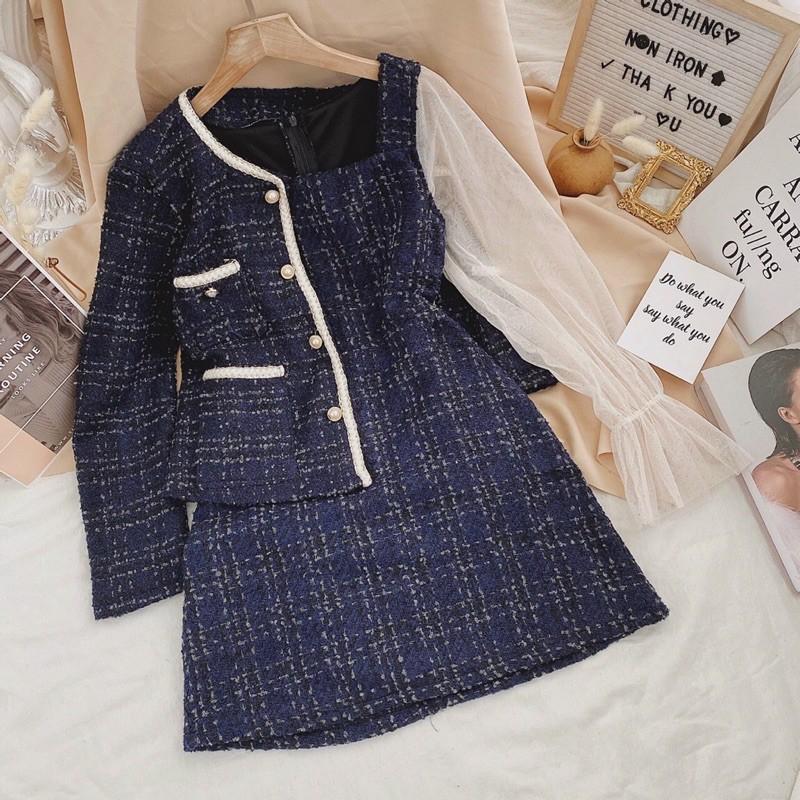 Set ulzzang áo khoác dạ bố viền trắng + đầm bố tay voan 2 lớp có lót trong dày dặn mềm mịn sang trọng