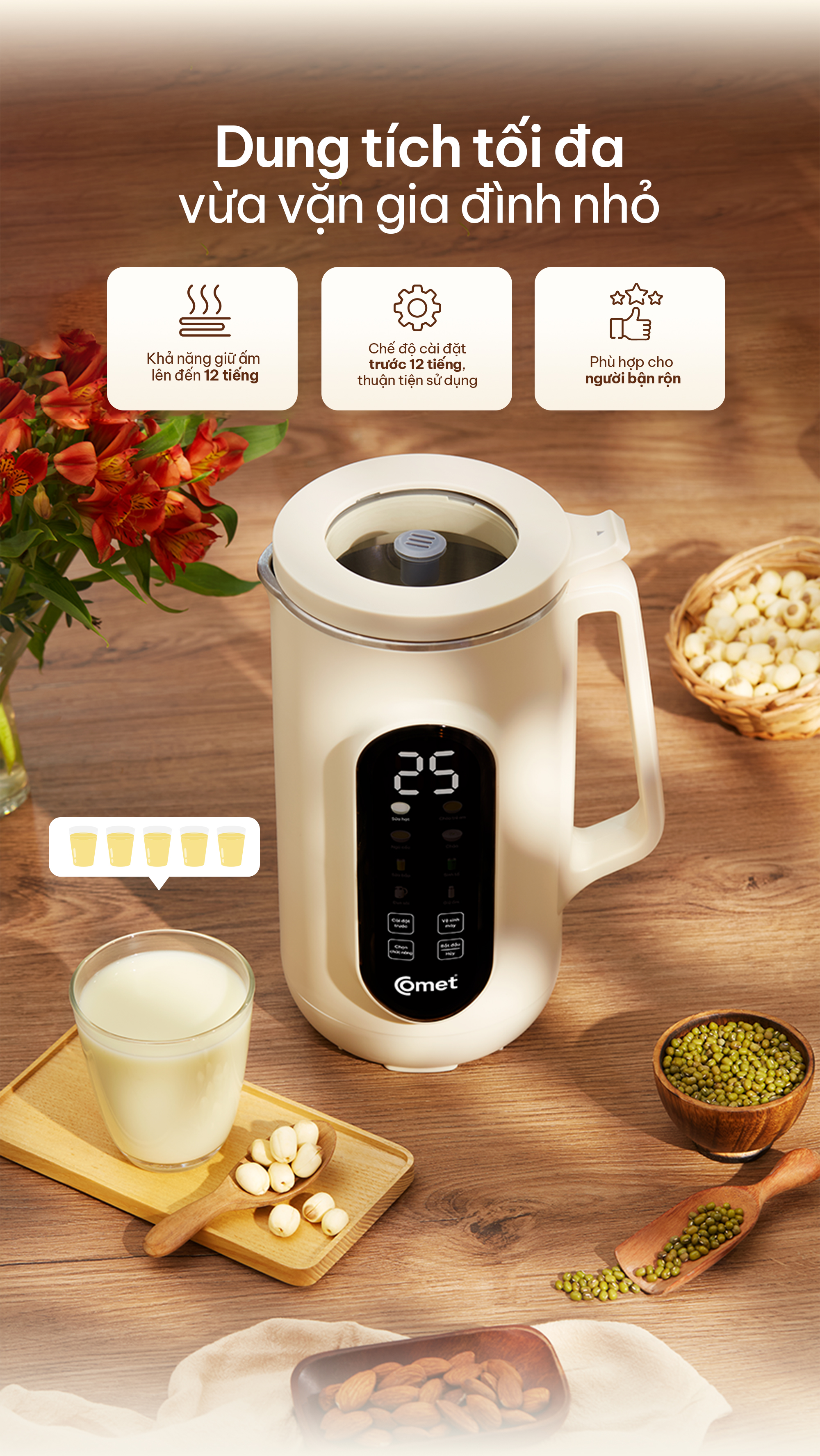 Máy làm sữa hạt Comet CM9216 – đa năng 9in1, dung tích 1.2L, công suất nấu 800W – Xay nấu sữa hạt, cháo ăn dặm – Hàng chính hãng, bảo hành 12 tháng