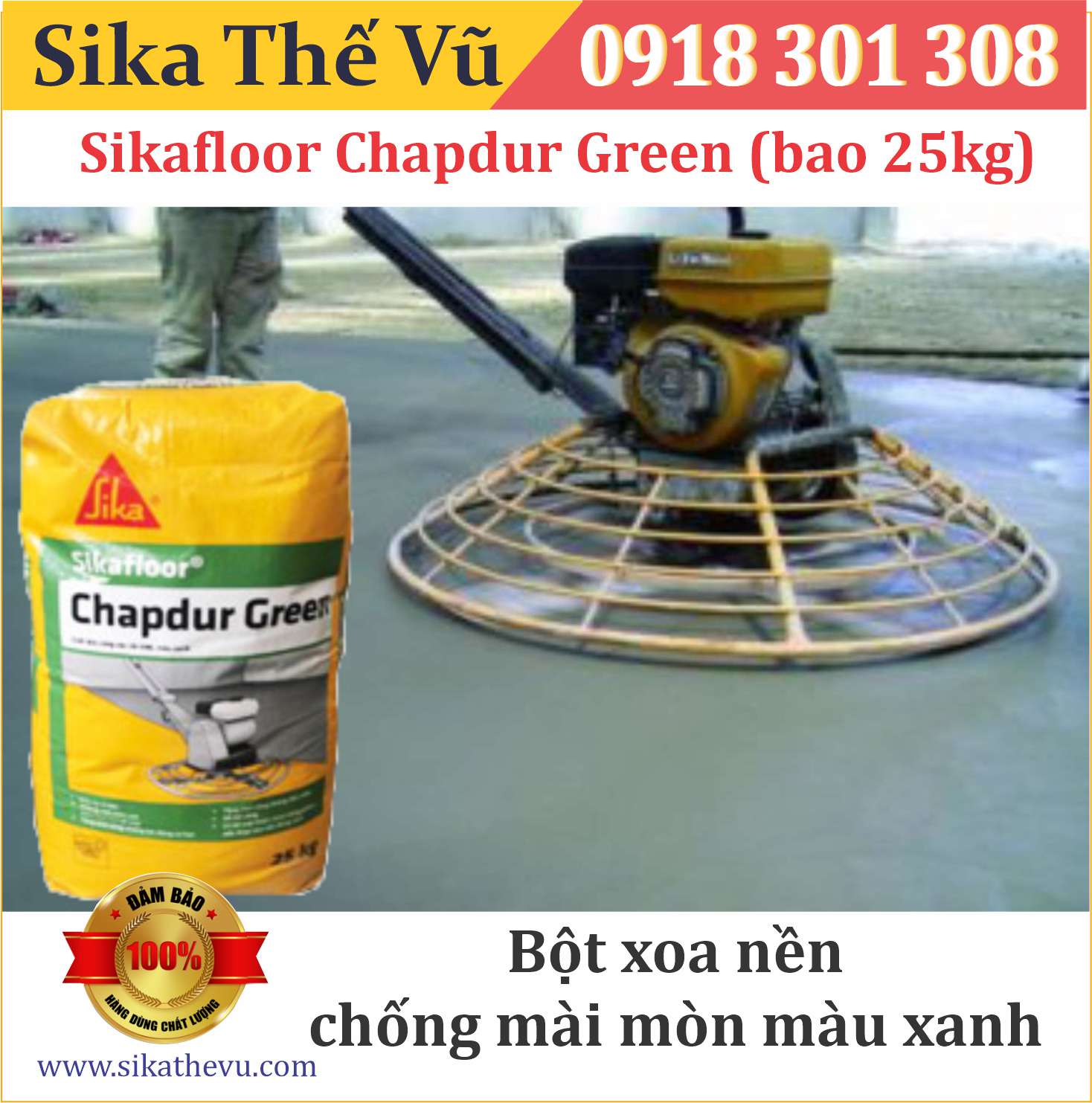 Bột xoa nền chống mài mòn, giúp tăng cứng bề mặt bê tông màu xanh - Sikafloor Chapdur Green (bao 25kg)