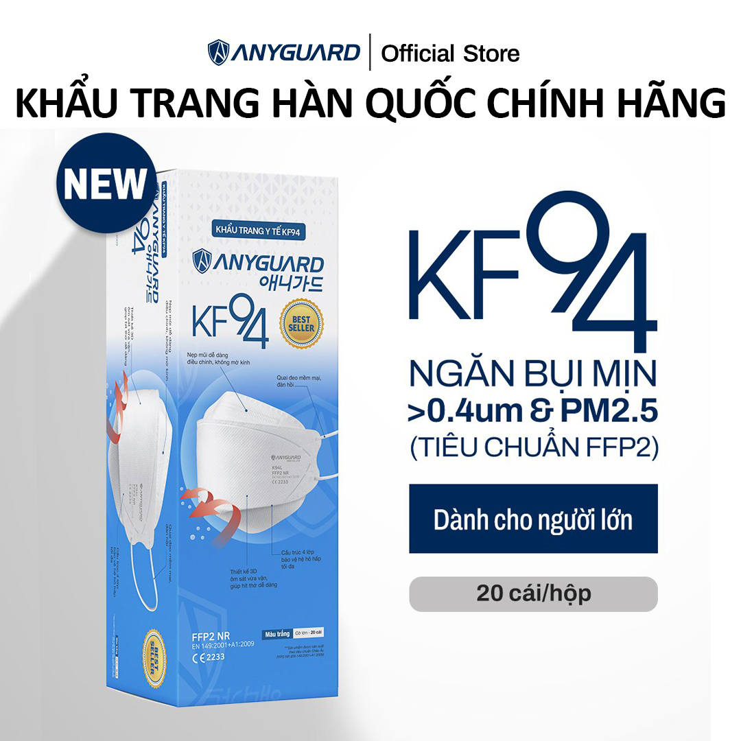 Khẩu Trang Y Tế Hàn Quốc KF94 Chính Hãng ANYGUARD Tiêu Chuẩn kháng bụi Châu Âu FFP2 Lọc 94% Bụi Mịn tới PM2.5, 4 Lớp Ngăn 99% Vi Khuẩn, An Toàn Cho Da Nhạy Cảm (Hộp 20 Chiếc)