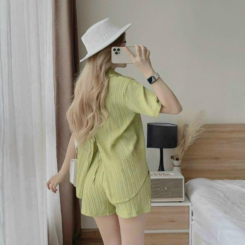 SET ÁO SƠMI XẺ LƯNG CỘT NƠ KÈM QUẦN SHORT NĂNG ĐỘNG TRẺ TRUNG