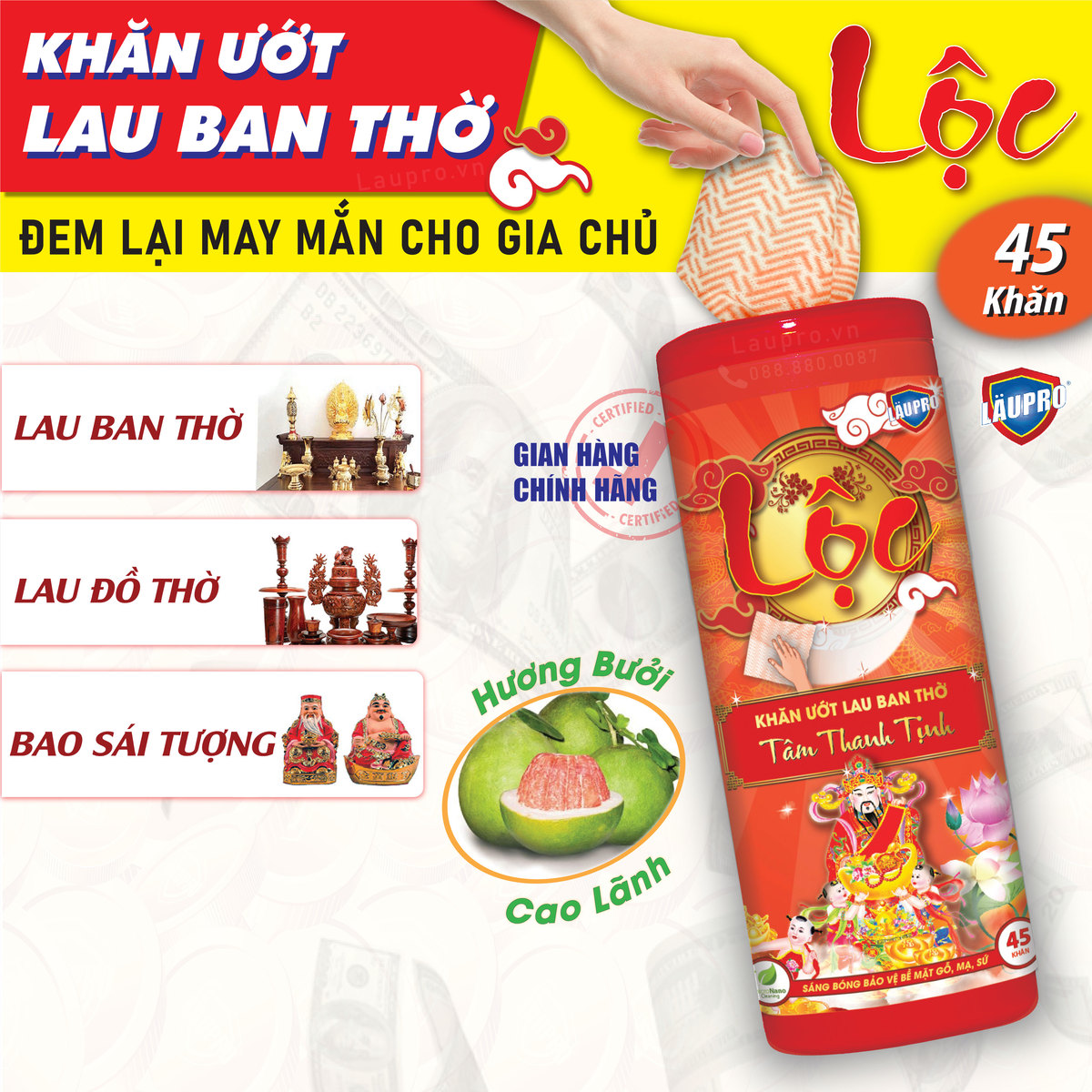 Khăn Ướt Lau Ban Thờ LỘC - Tâm Thanh Tịnh - Läupro- 45 Khăn (Laupro)