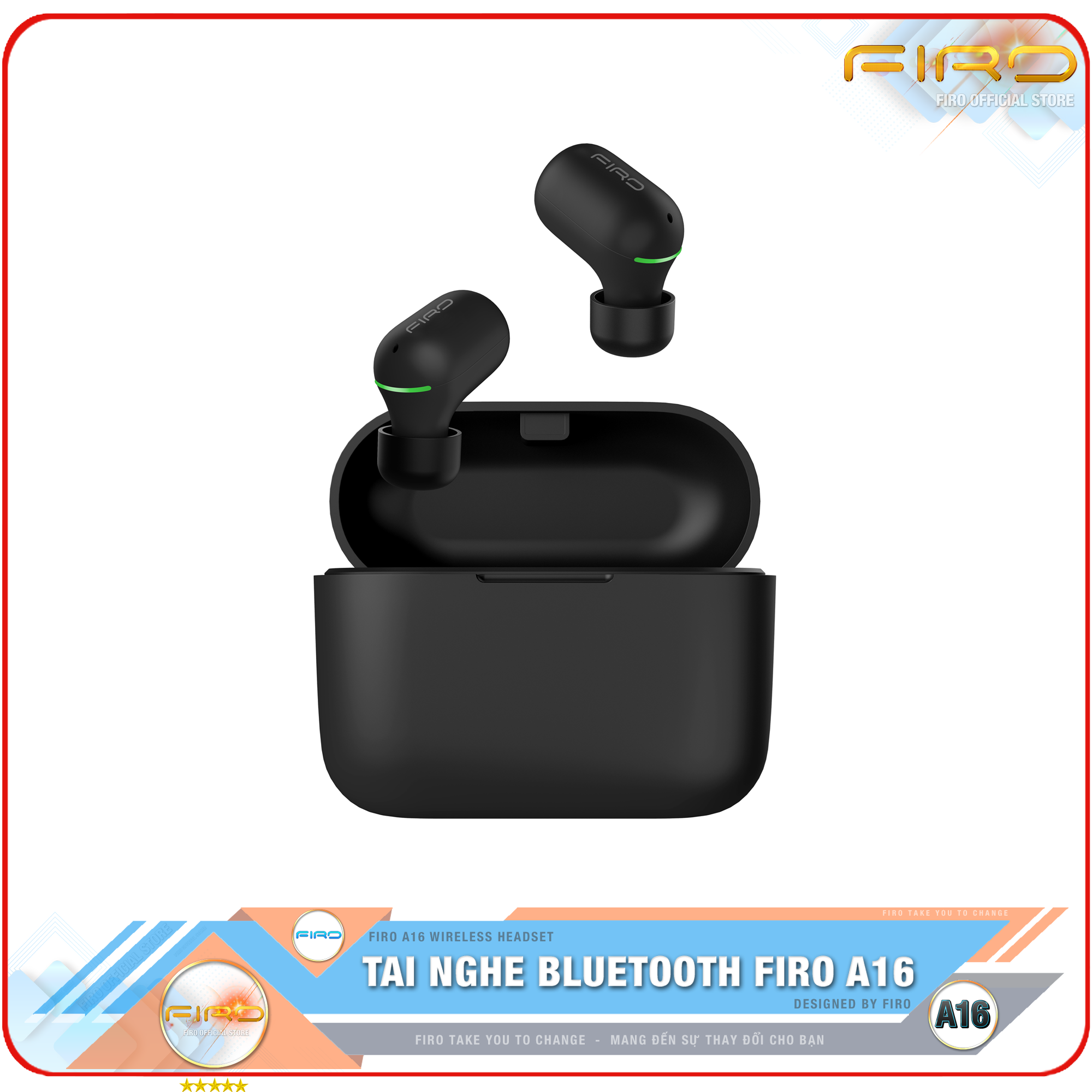 Tai Nghe Bluetooth FIRO A16 - Pin Dock Sạc 380mAh - Điều Khiển Cảm Ứng - Kháng Nước IPX5 - Thời Gian Sử Dụng 5 Giờ Liên Tục - Tai Nghe Bluetooth Nhét Tai Không Dây FIRO -  Tai Nghe Gaming FIRO Cao Cấp - Hàng Chính Hãng