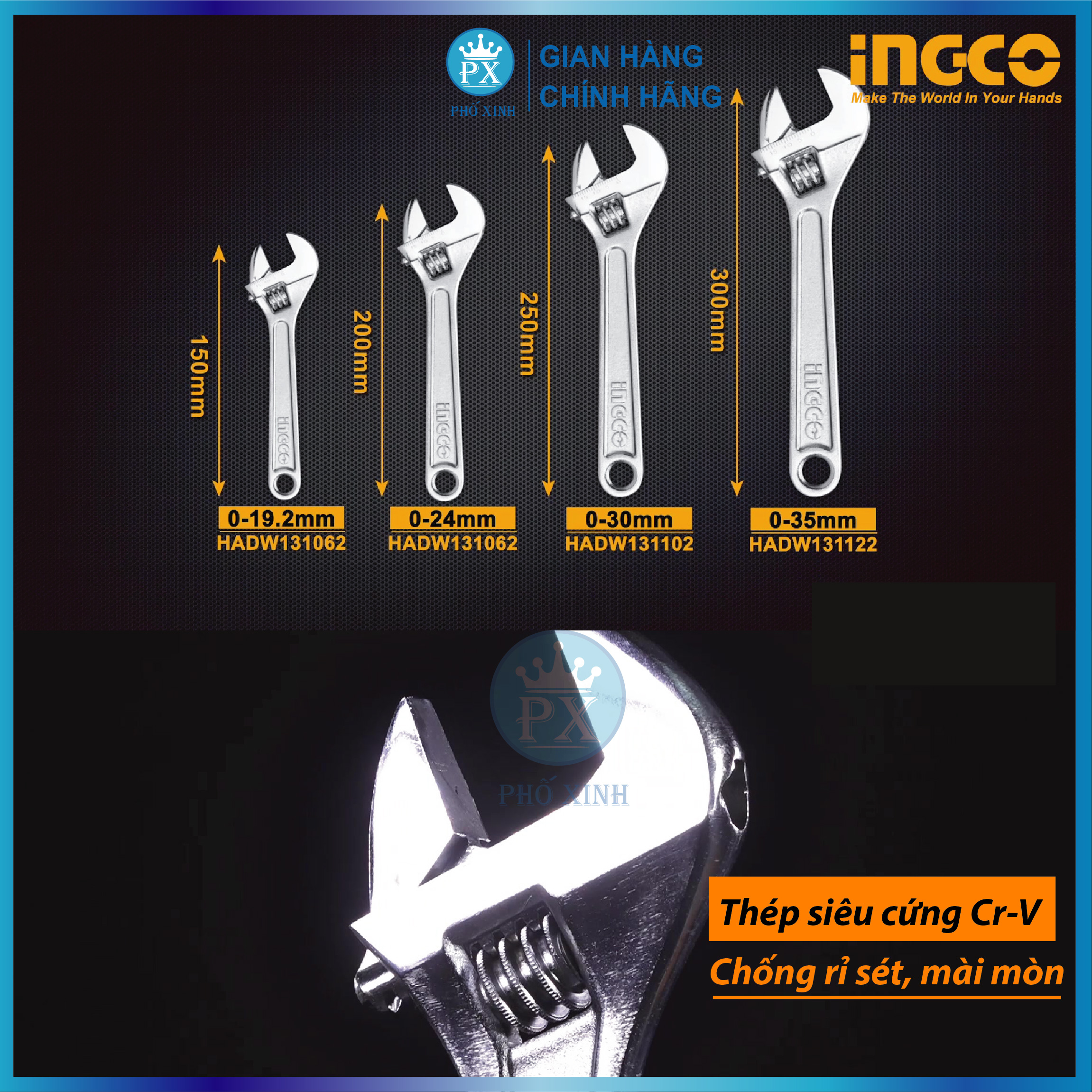 Mỏ lết cầm tay đa năng INGCO HADW131 6&quot; 8&quot; 10&quot; 12&quot; 15” 18”cờ lê thép Cr-V siêu cứng chống rỉ điều chỉnh độ mở sữa chữa tháo mở bulong