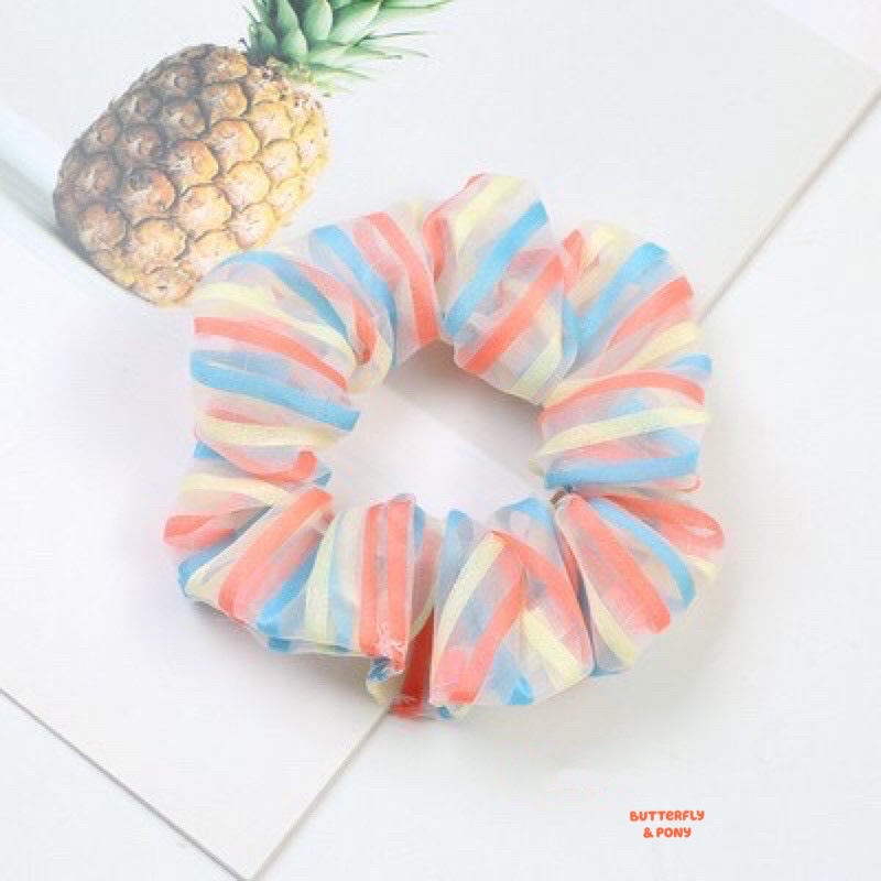 Cột Tóc Scrunchies Sọc 3 Màu Vải Voan Hàn Quốc