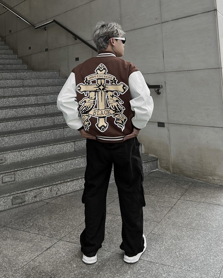 Varsity jacket chữ thập Black made extreme nam nữ 2 lớp , áo khoác bóng chày form rộng unisex , bomber tay da pu - Gin Store