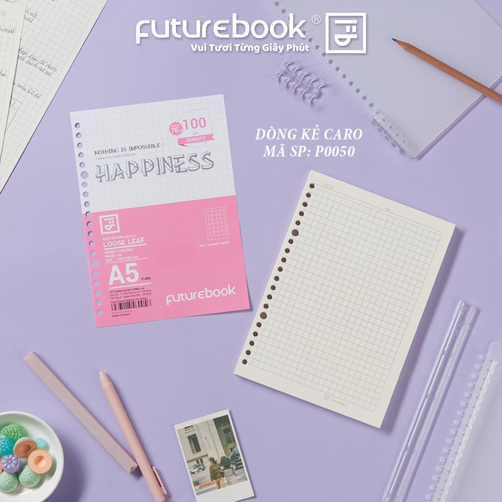 FUTUREBOOK-Ruột Sổ Còng Binder Happiness A5 20Lỗ_(120TR) Dòng Kẻ Ngang_Caro_Chấm Dot.Phù hợp với các SP SỔ CÒNG của SHOP