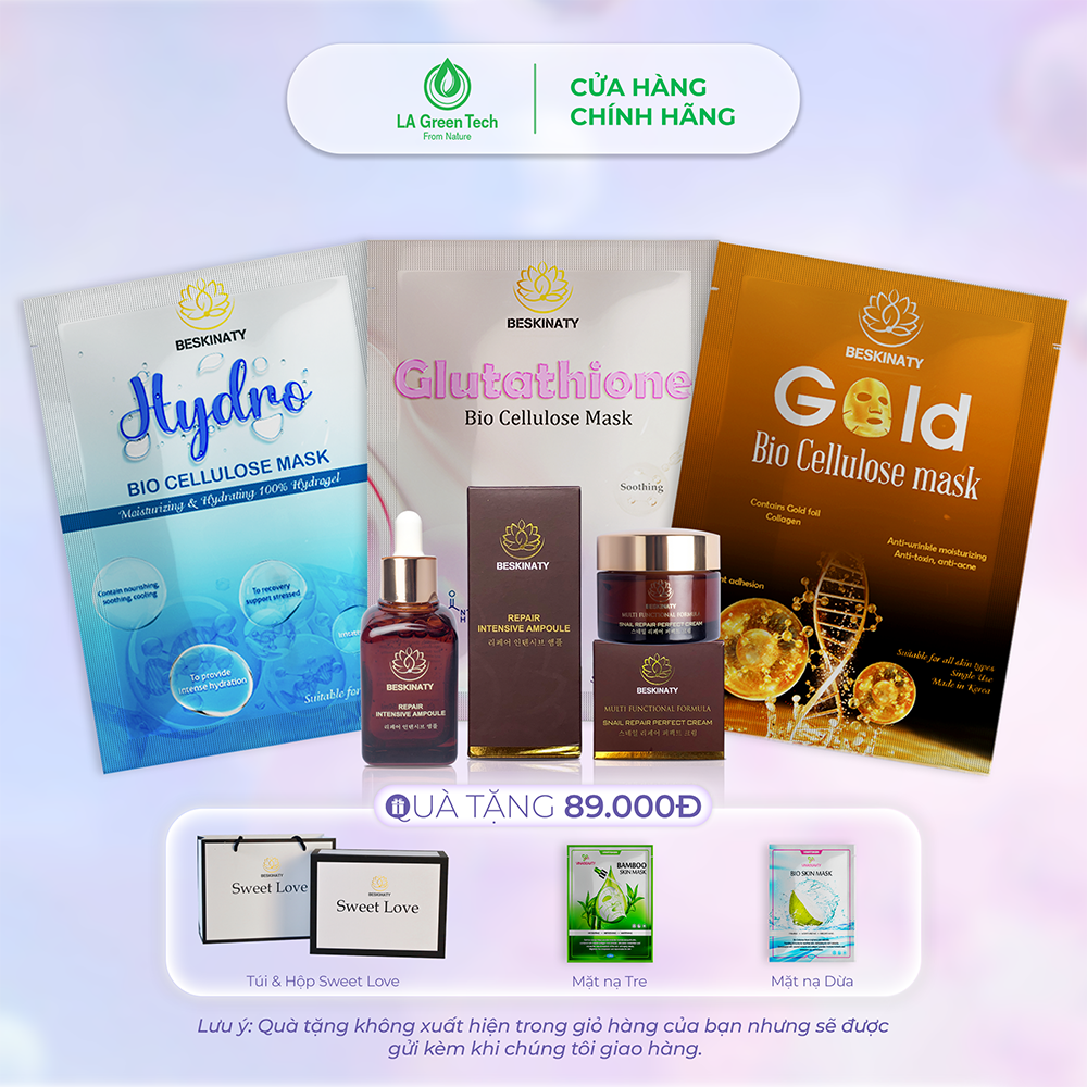 [MUA 3 TẶNG 1] COMBO 3 MẶT NẠ BIO CELLULOSE MASK CẤP ẨM - DƯỠNG TRẮNG - CHỐNG LÃO HÓA &amp; BỘ KEM DƯỠNG BESKINATY