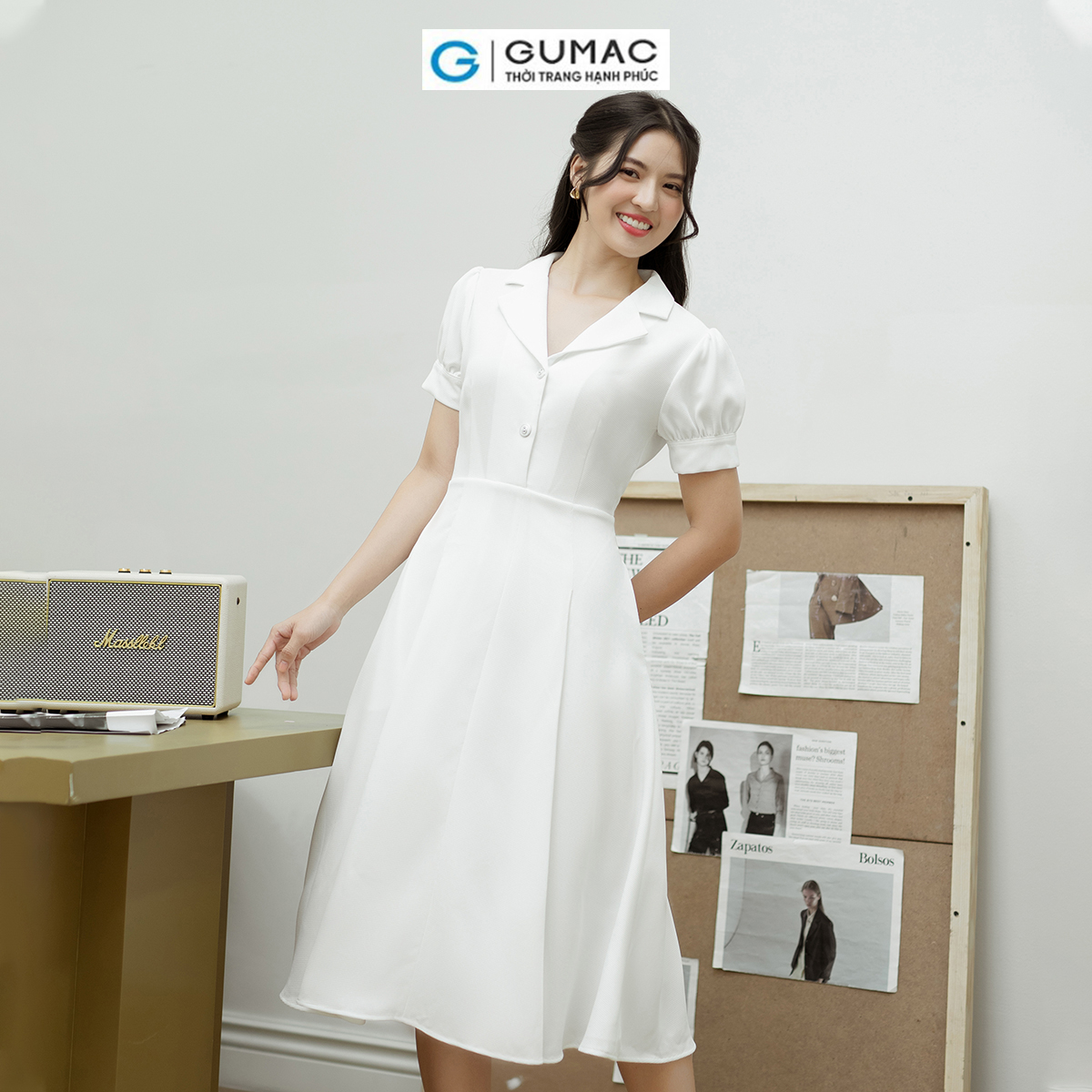 Đầm A xòe tay phồng GUMAC DD08048