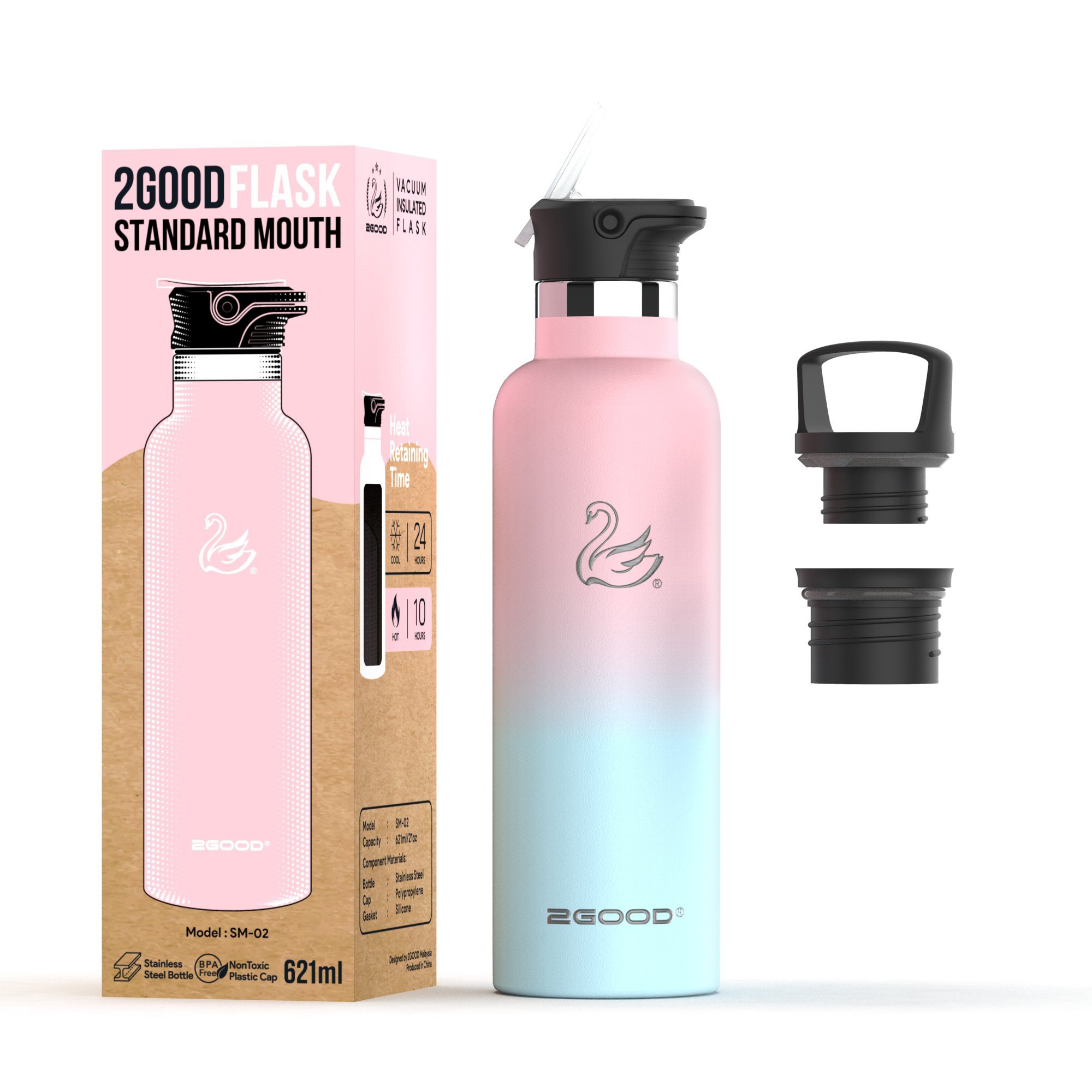 Bình Giữ Nhiệt 2GOOD FLASK SM-02 Combo 2 Nắp (621ml) - Hàng Chính Hãng