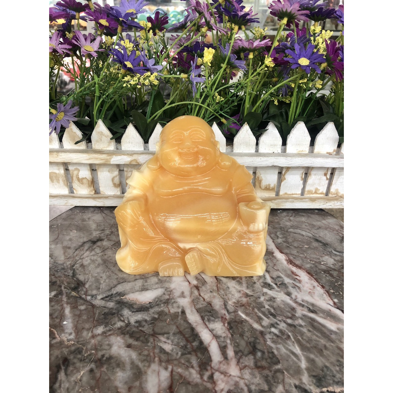 Tượng Phật Di Lặc ngồi cầm thỏi vàng cầu tài lộc đá ngọc hoàng long - Dài 13cm