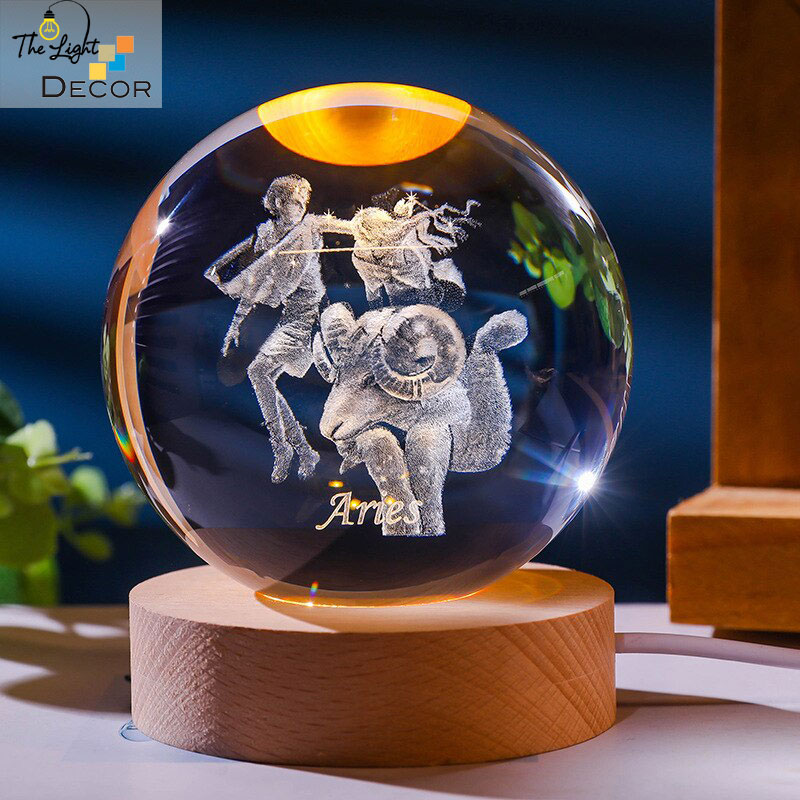 Quà Tặng Sinh Nhật Quả Cầu Pha Lê 3D LED Cung Bạch Dương ARIES 6cm