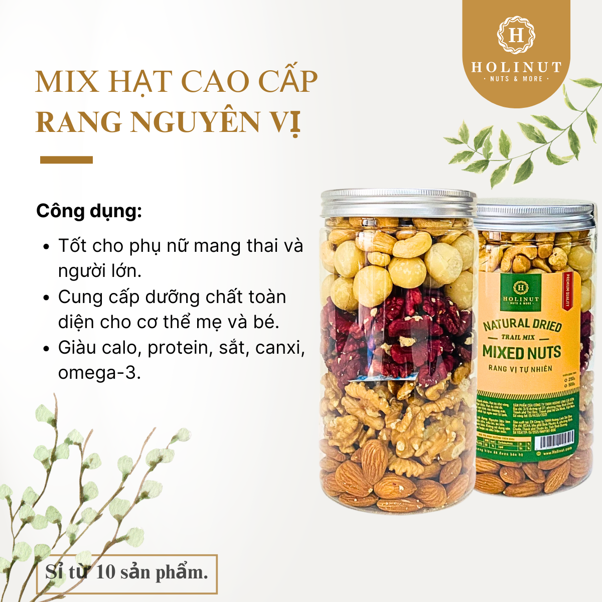 Mix nhân hạt cao cấp Thương Hiệu HOLINUT / Nhân óc chó vàng, nhân óc chó đỏ, nhân macca, hạt hạnh nhân, hạt điều - đóng gói 500gr