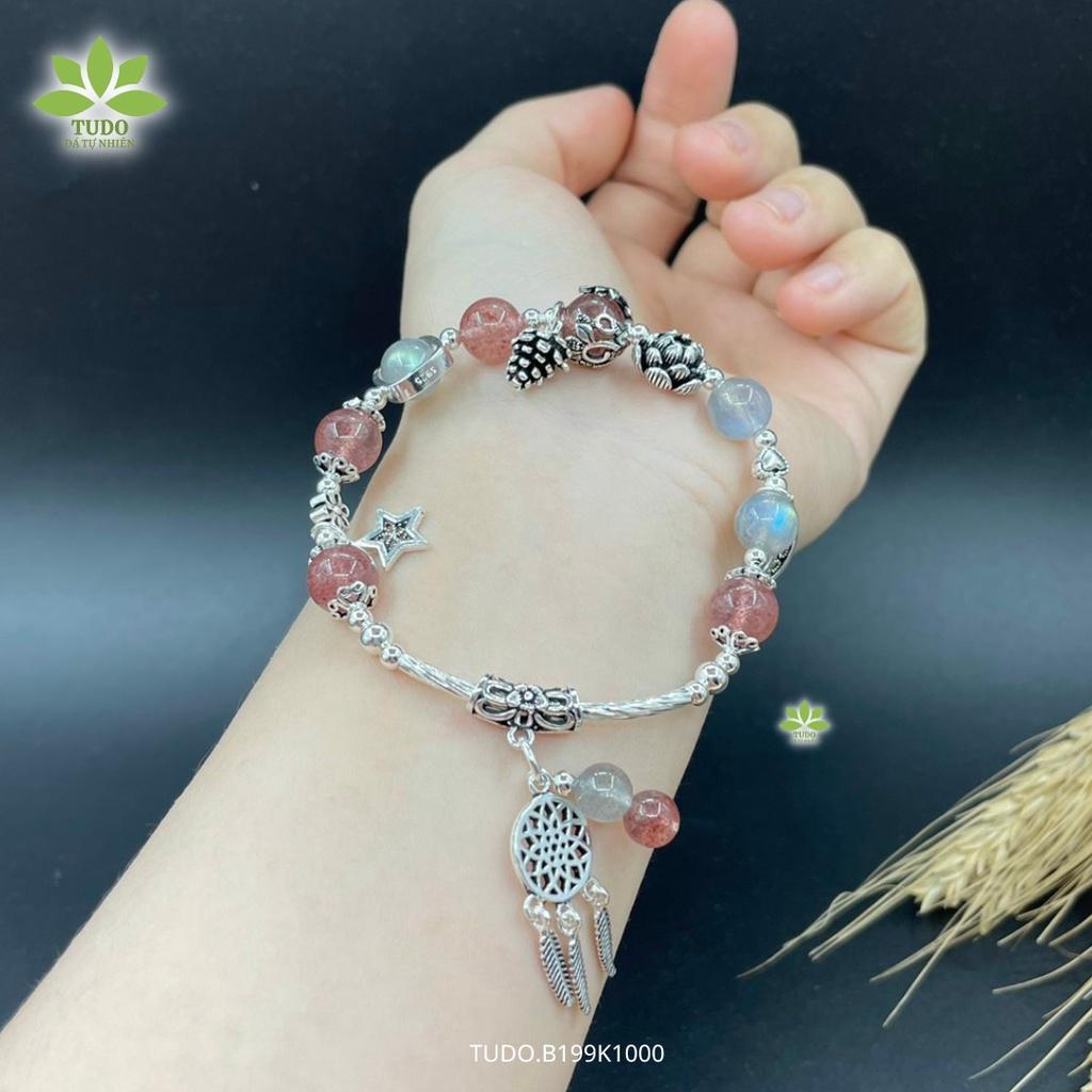 Vòng Tay Nữ Đẹp - Vòng Phong Thủy Đa Mệnh TUDO B199K1000 VCBTADH VCBMOON hồng trắng, Charm bạc Dreamcatcher, Sen, Trăng