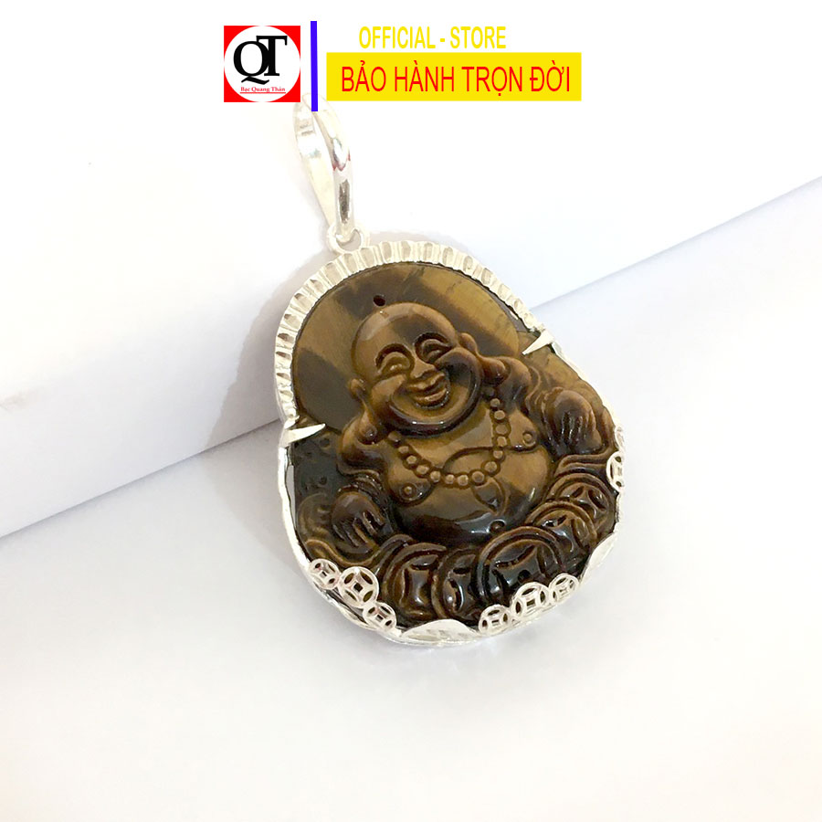 Mặt dây chuyền nam phật Di Lạc cỡ đại đá mắt hổ tự nhiên bọc bạc ta cao cấp trang sức Bạc Quang Thản - QTMDNA15