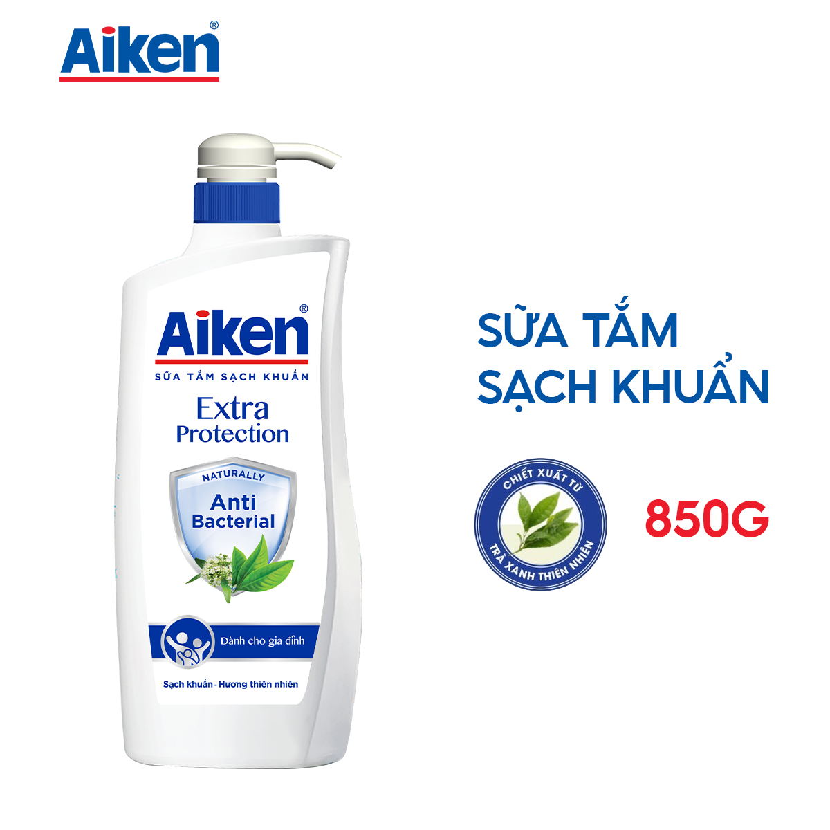 Combo 2 Sữa Tắm Sạch Khuẩn Aiken 850g Chiết Xuất Bạc Hà và Trà Xanh Thiên Nhiên