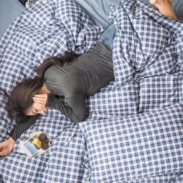 Set Cotton Living Hàng Nhập Khẩu Cao Cấp 4 Món Kẻ Xanh Dây Nơ