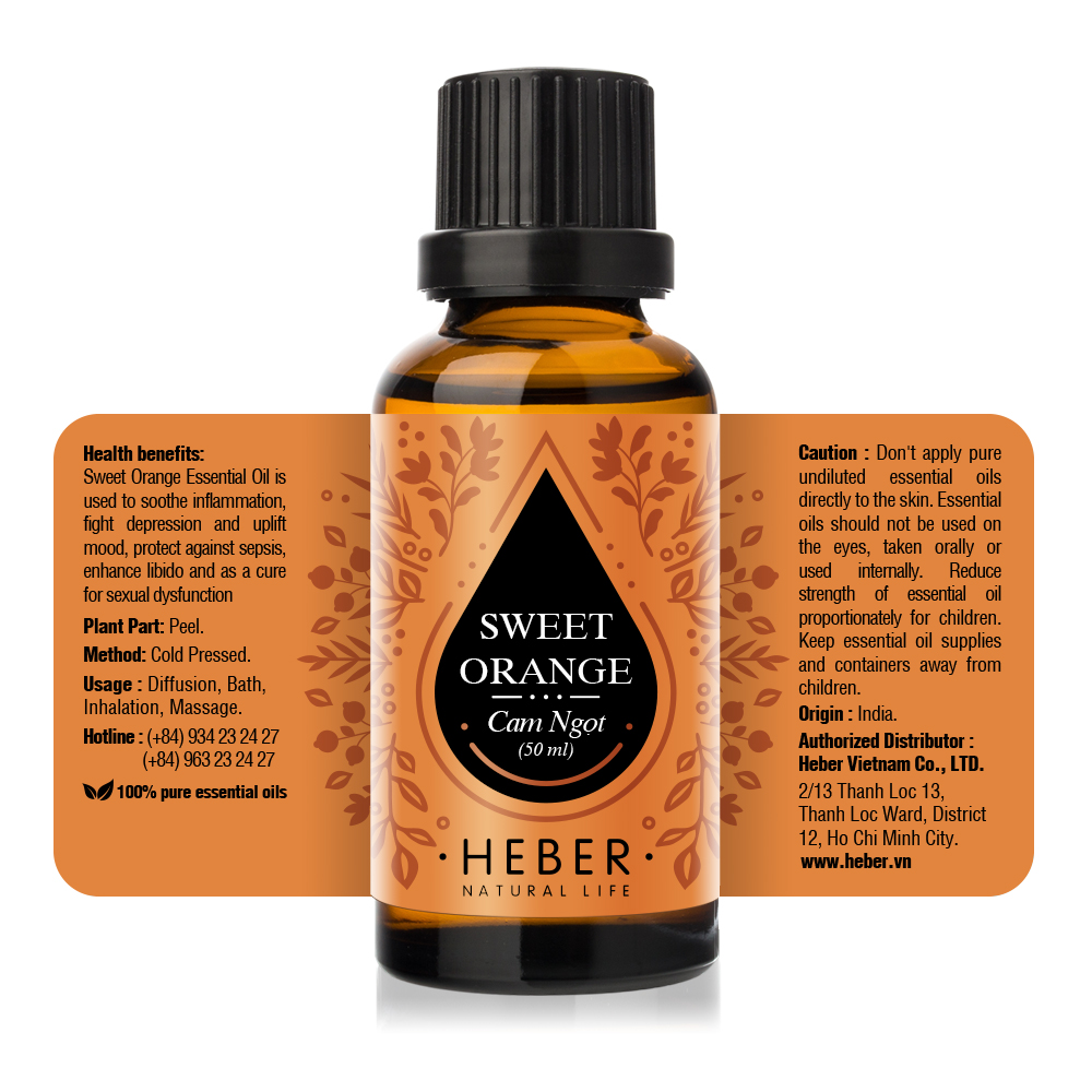 Tinh Dầu Cam Ngọt Sweet Orange Essential Oil Heber | 100% Thiên Nhiên Nguyên Chất Cao Cấp | Nhập Khẩu Từ Ấn Độ | Kiểm Nghiệm Quatest 3 | Xông Thơm Phòng | Hương Dịu Nhẹ