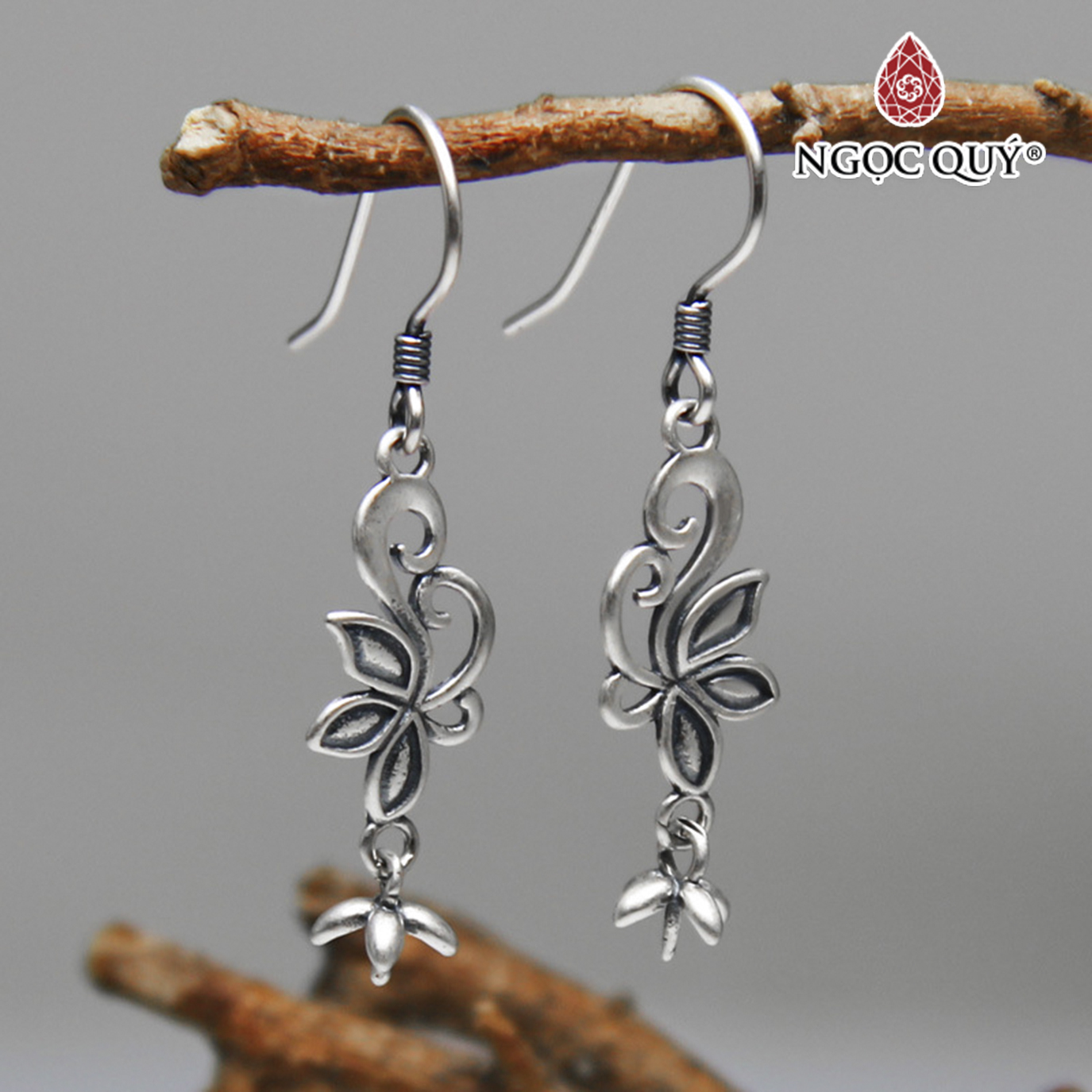 Bông tai bạc cành hoa gắng hạt treo (móc treo) - Ngọc Quý Gemstones